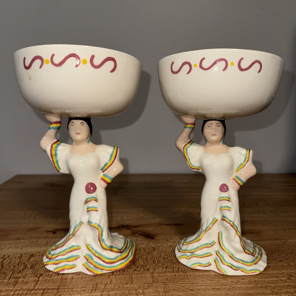 Storyteller Art Margarita Ceramic Glass 9.75"High Set Of 2 Hand Painted Woman